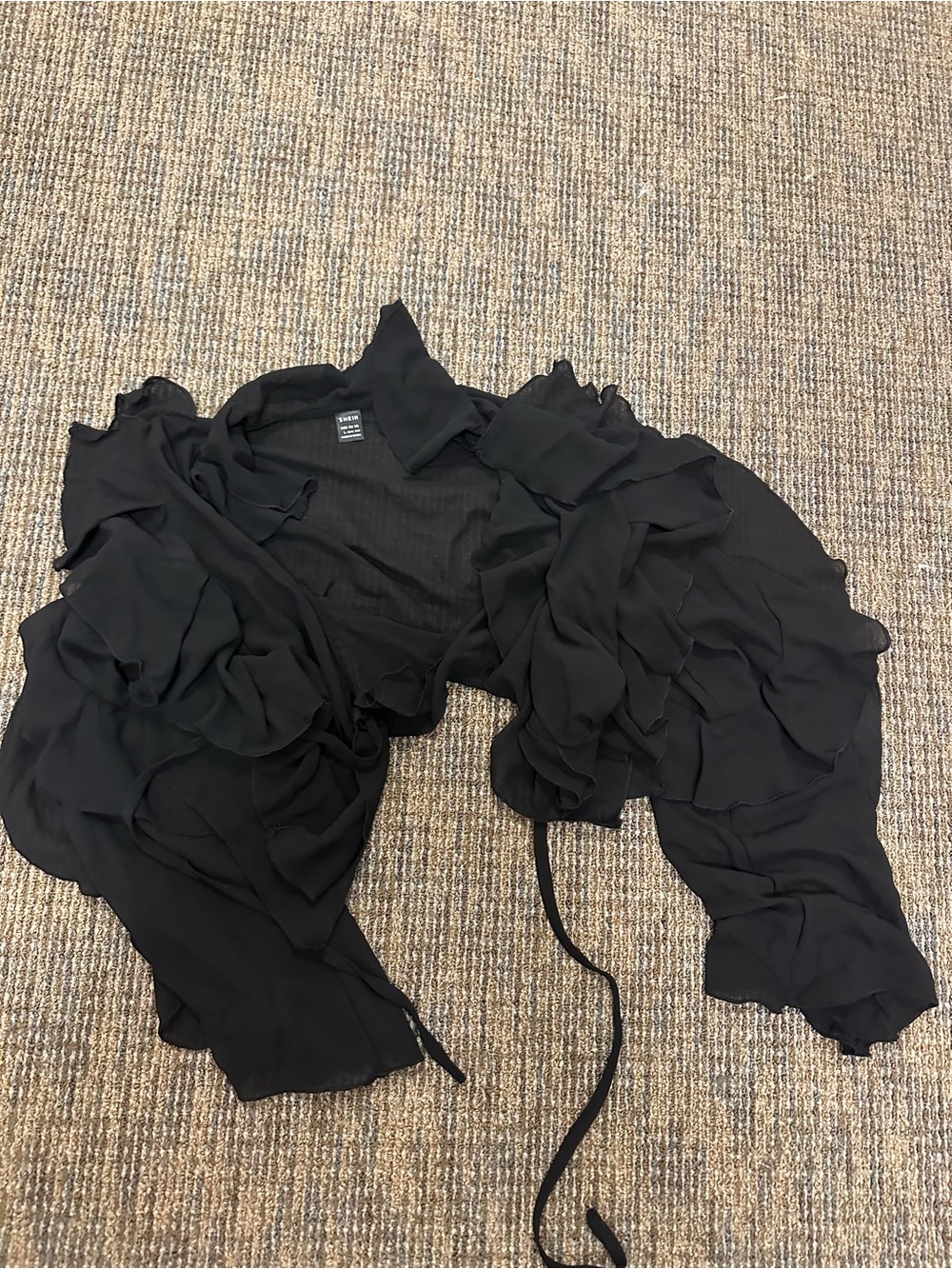 SHEIN Black Ruffled Sheer Tie-Front Blouse